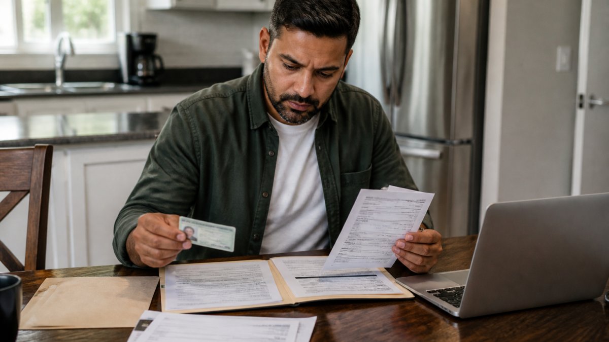 A person at a kitchen table reviewing a folder of documents, including a driver's licence, utility bill, and bank statement, with a laptop open beside them