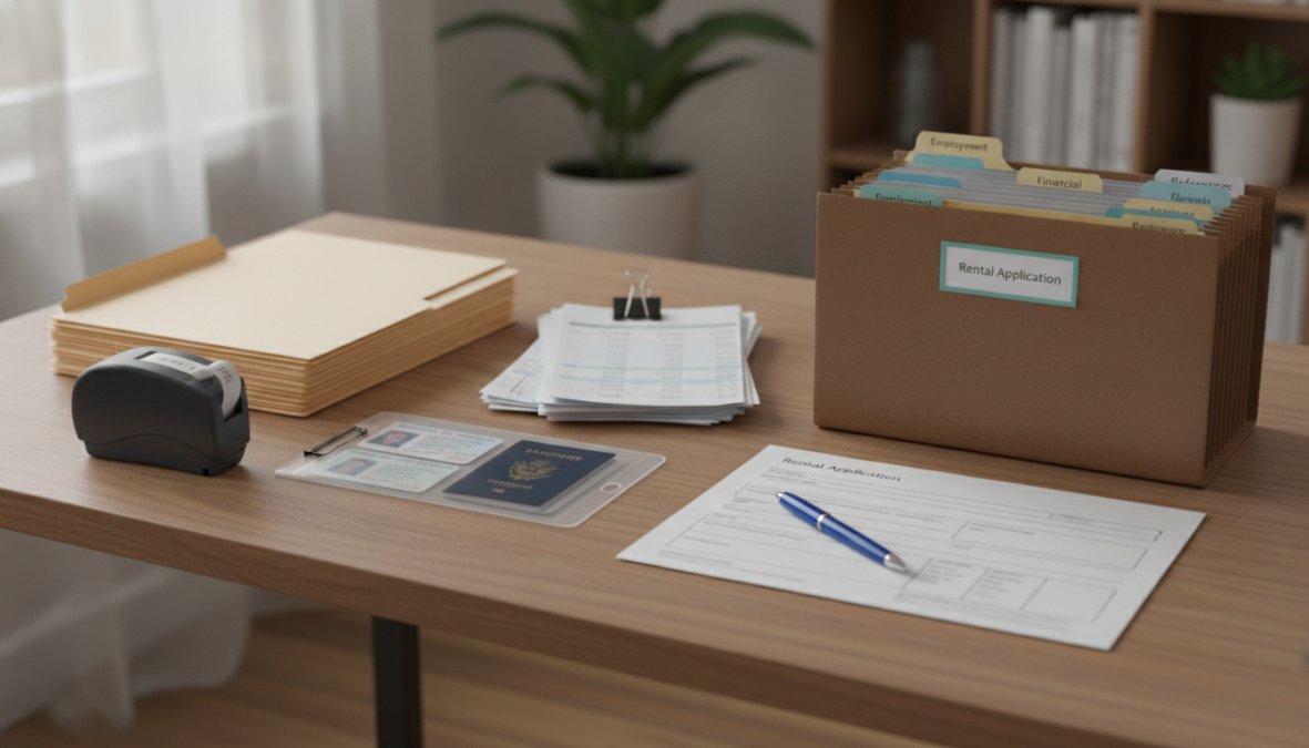 What Documents Do You Need to Rent an Apartment 1 Close-up of neatly organized rental documents spread across a wooden desk, including a passport, pay stubs, bank statements in labeled manila folders, and a pen, under warm natural window light