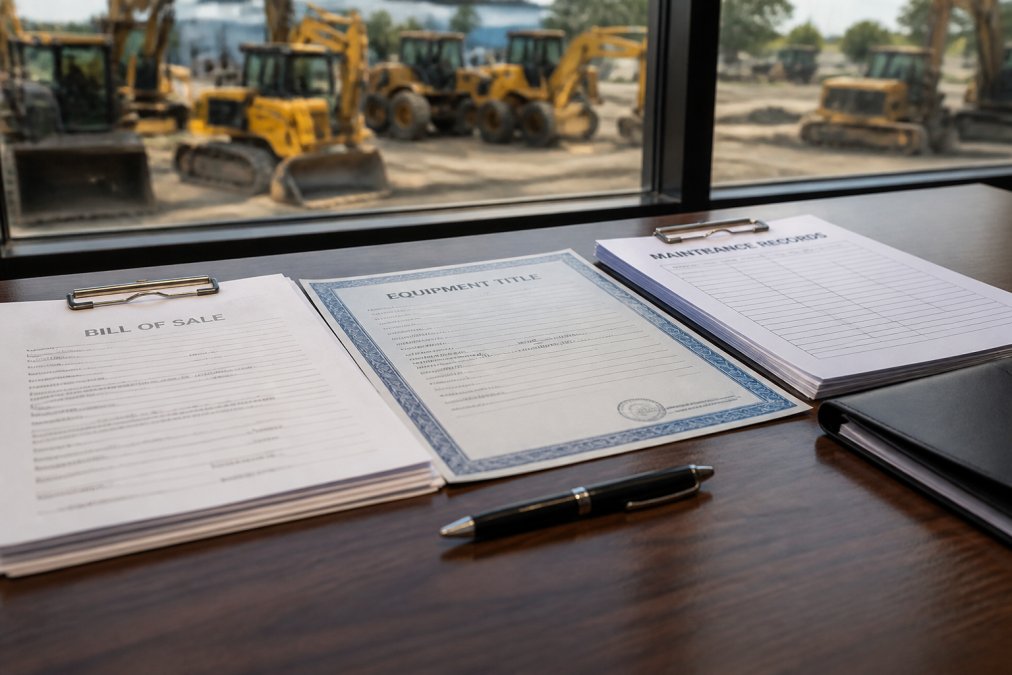 Organized documents including bill of sale, equipment title, and maintenance records spread on a desk with a pen and clipboard, showing preparation for heavy equipment sale