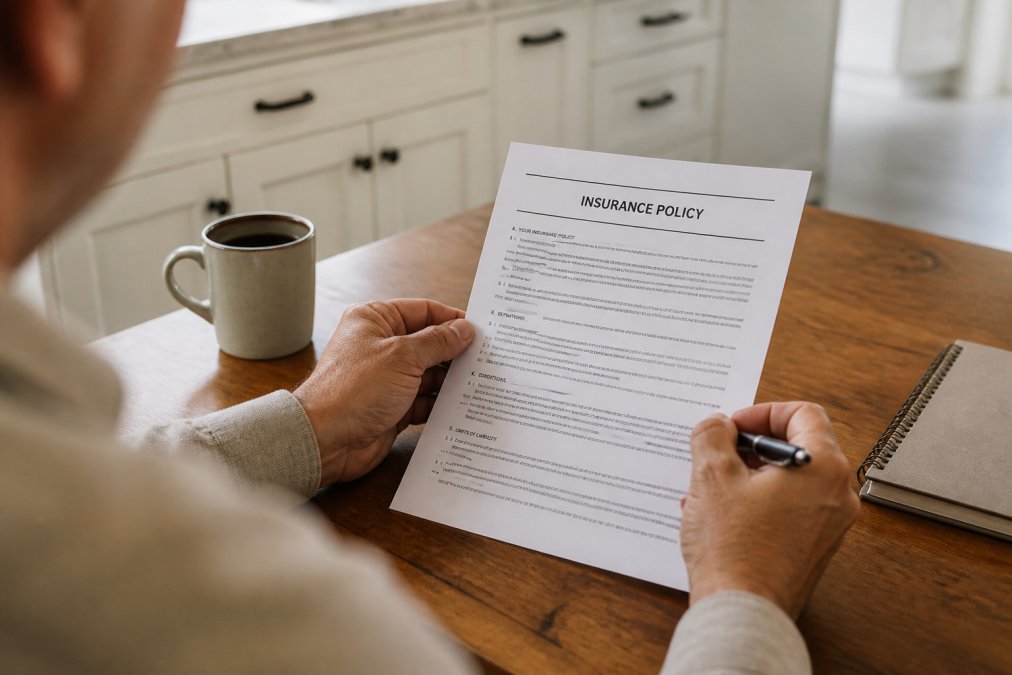 A close-up of a person's hands holding a car insurance policy document with a pen, sitting at a kitchen table, with a laptop and coffee mug nearby