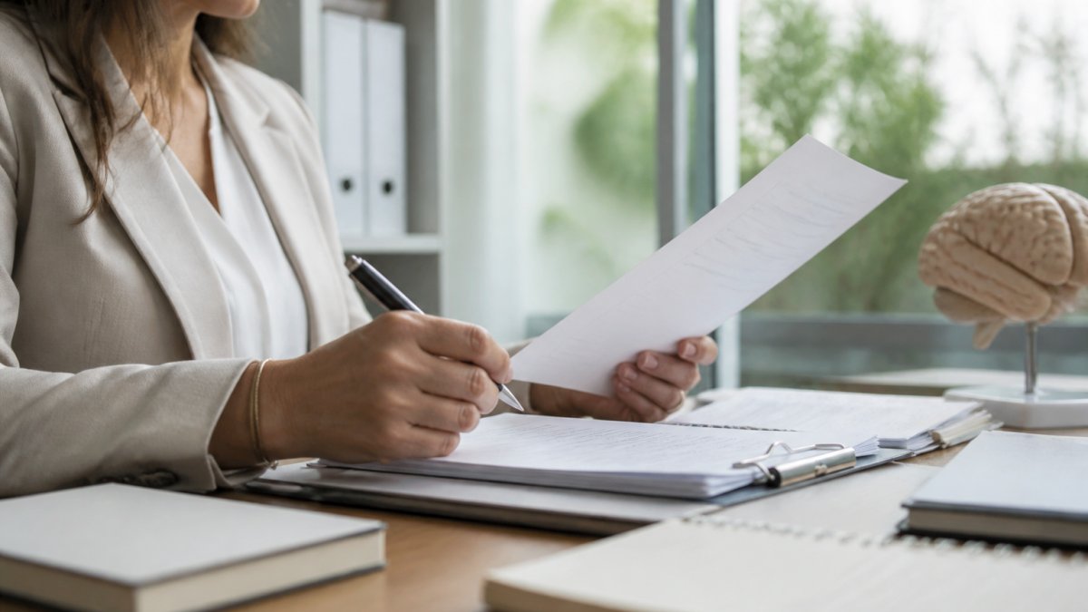 Mental health professional reviewing diagnostic materials and patient notes at desk in calm clinical office with natural lighting