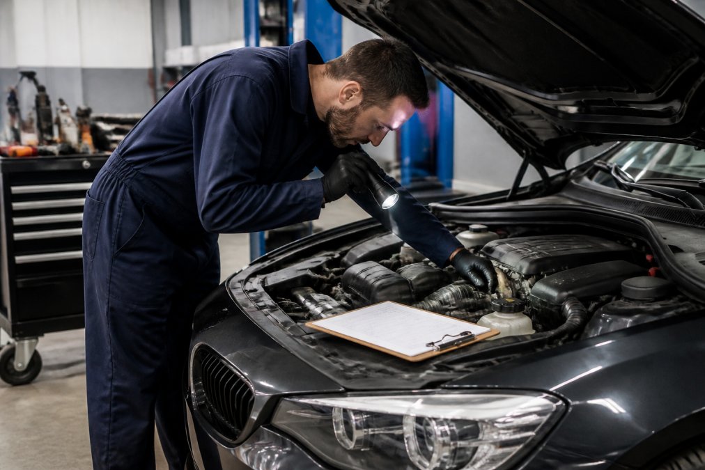 A journeyman-certified mechanic in navy coveralls inspecting the open hood of a sedan with a flashlight, clipboard on the fender, well-lit garage bay with tool cart behind