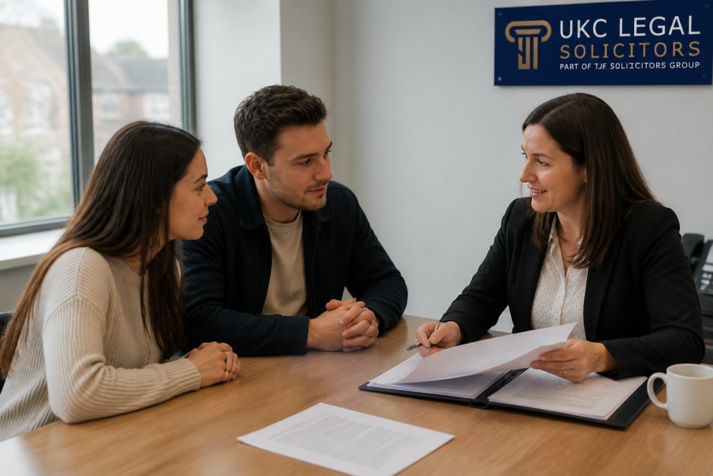 Professional conveyancing case handler meeting with a first-time homebuyer couple at a desk in a modern Norwich office, reviewing property documents together with a reassuring, focused demeanor
