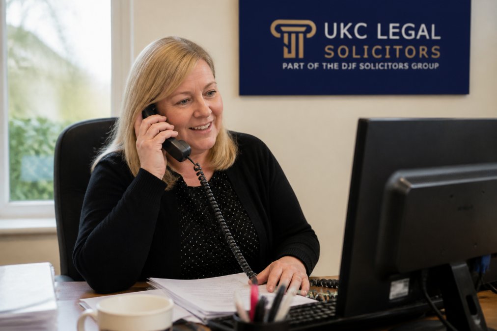 Dedicated conveyancing case handler at a desk in Norwich office, actively engaged with client on phone call while reviewing documents on computer screen, demonstrating responsive and personalized support