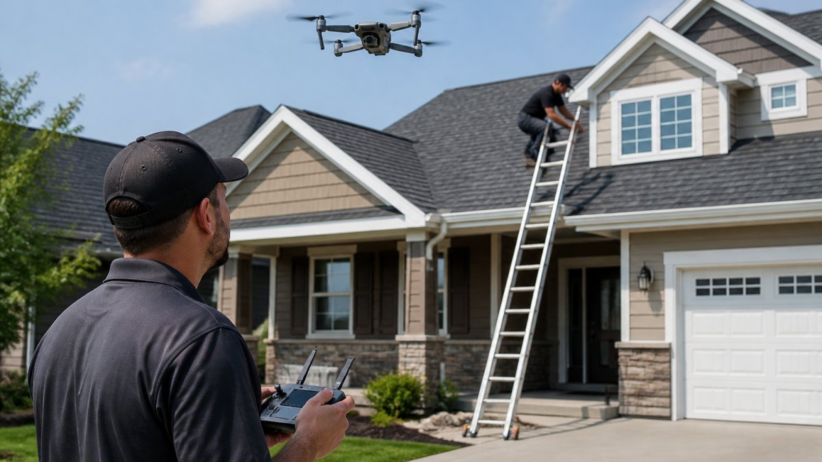 A drone operator launching a quadcopter to lower drone roof inspection cost from a residential driveway.