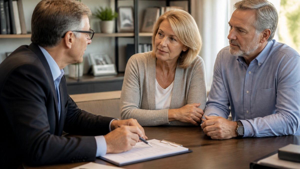 A financial advisor in a professional office explaining a legal document to a middle-aged couple across a desk, with a notepad and pen visible, warm natural lighting