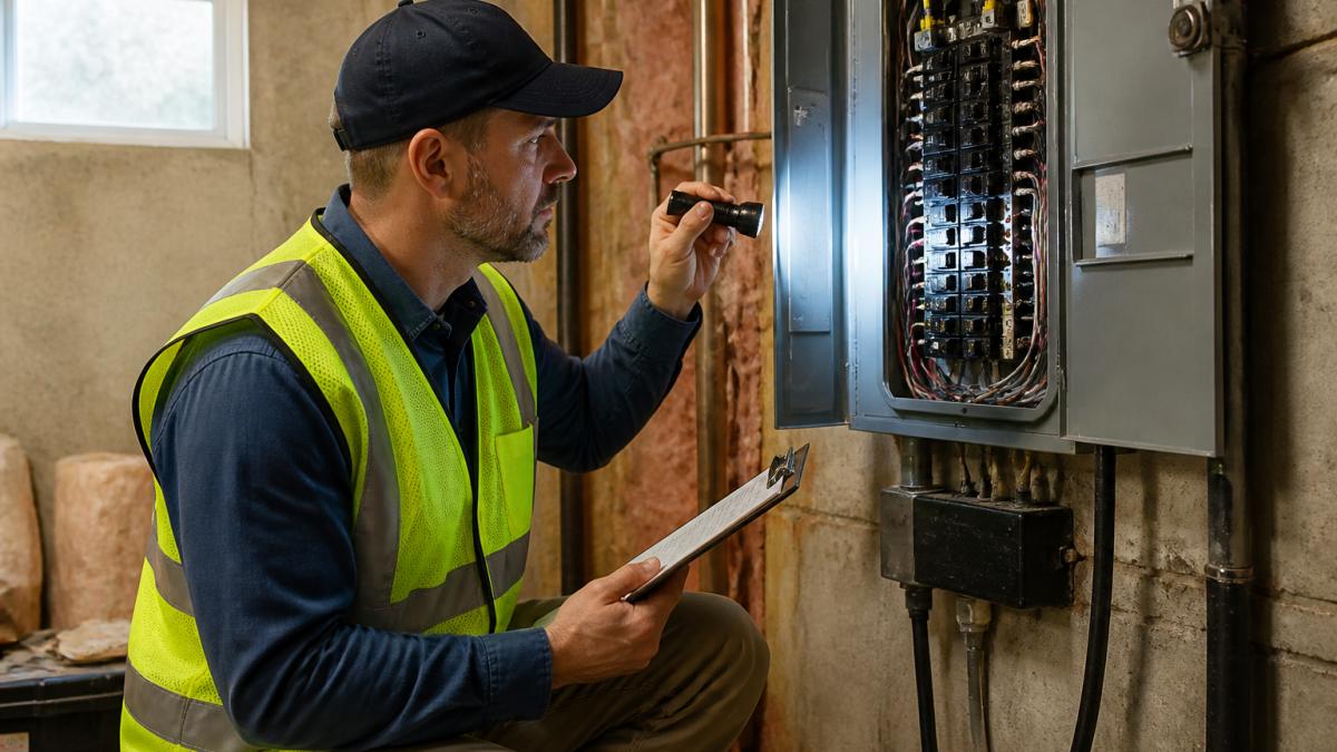 Home inspector using a flashlight to examine an electrical panel during a home inspection in a basement.