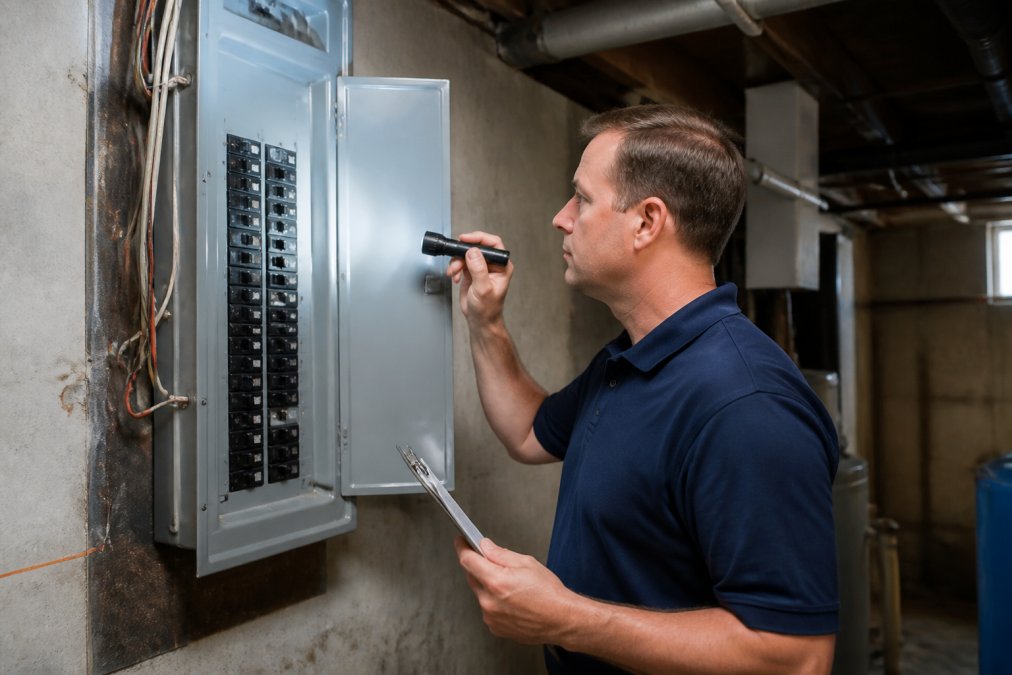 Professional home inspector performing a thorough home inspector check of an electrical panel in a basement.