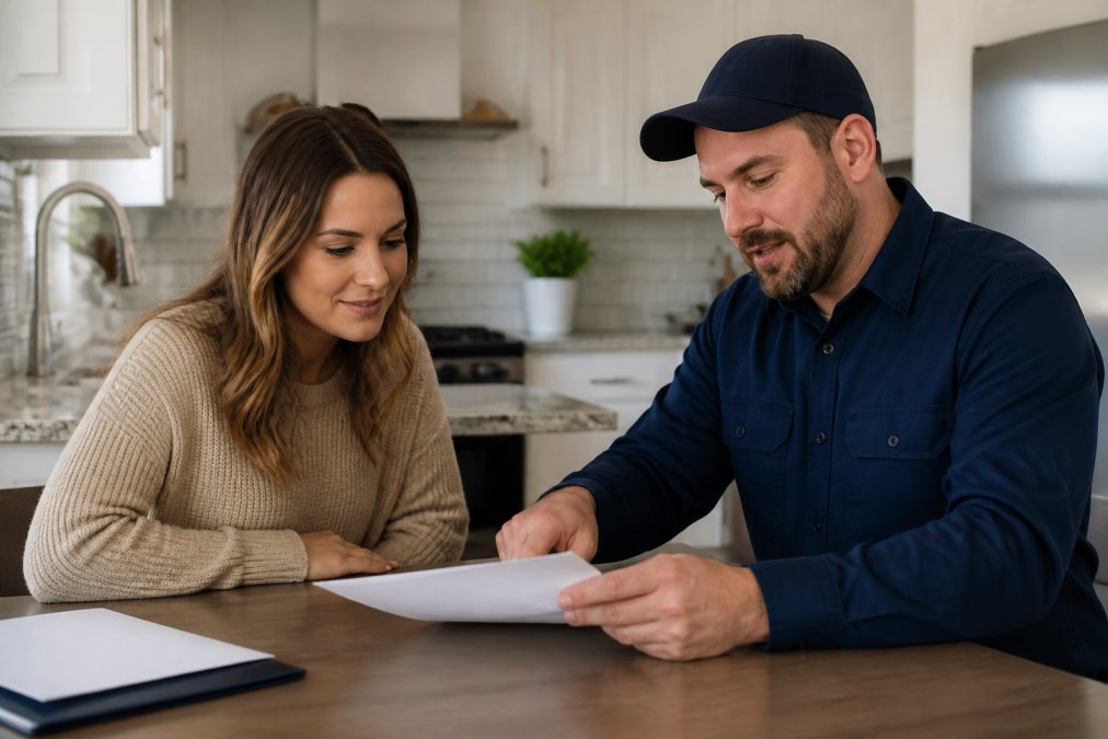 A licensed plumber in uniform reviewing a service agreement document with a homeowner at a kitchen table, both looking at the paperwork together in a bright, modern home