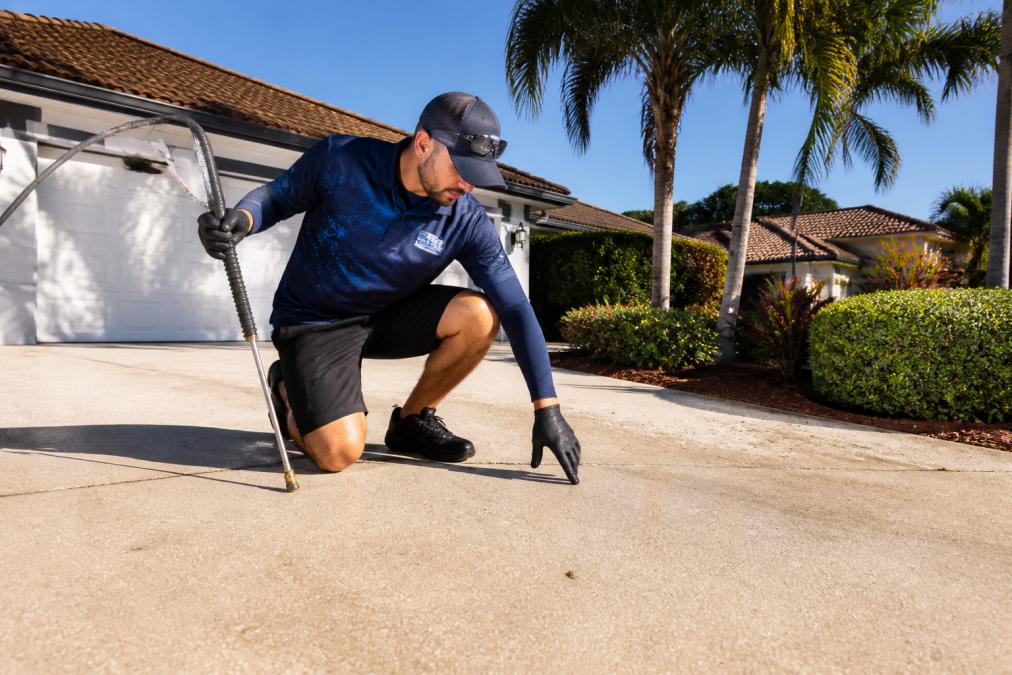A professional technician in a branded uniform inspecting a freshly cleaned concrete driveway, holding a pressure washing wand at his side while kneeling to check the surface quality in bright Florida sunlight