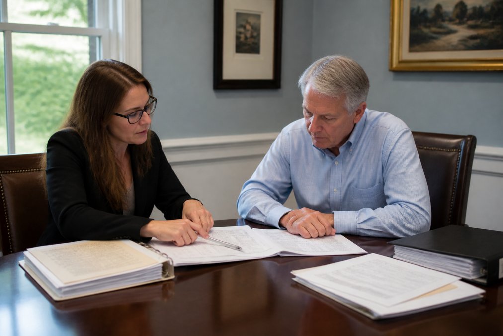 Professional probate consultant and executor meeting at conference table reviewing estate documents and asset inventory lists in organized office setting with natural light