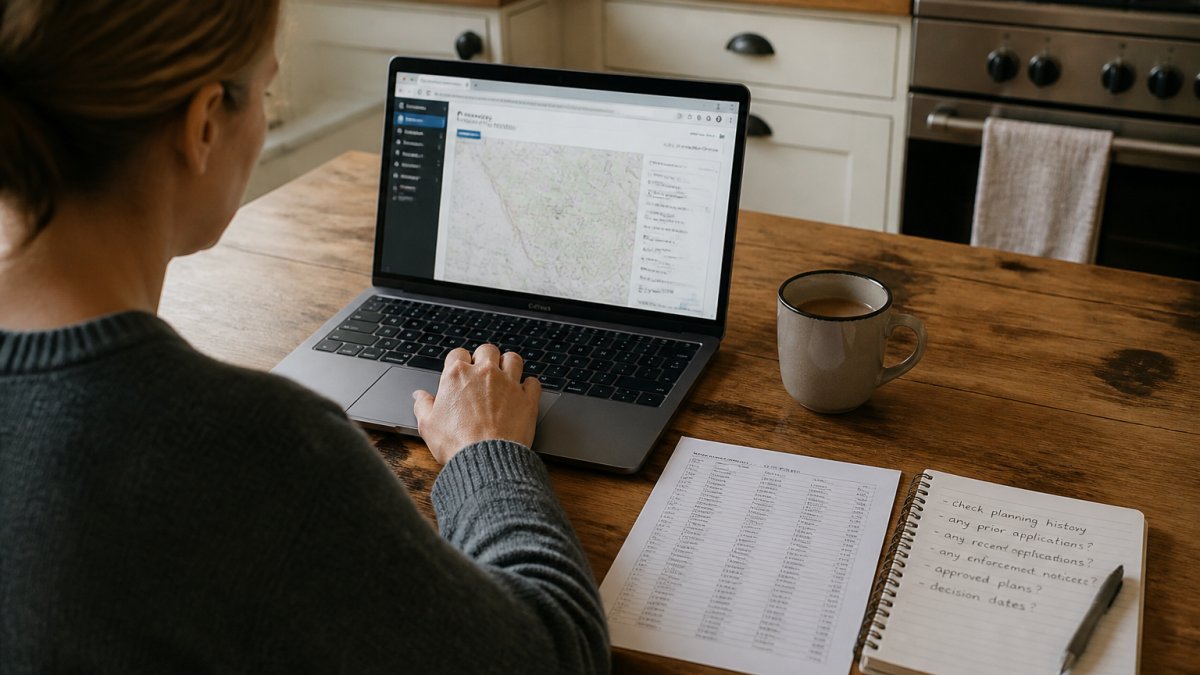 Process flowchart for checking property planning history using a council portal, postcode list and notes.