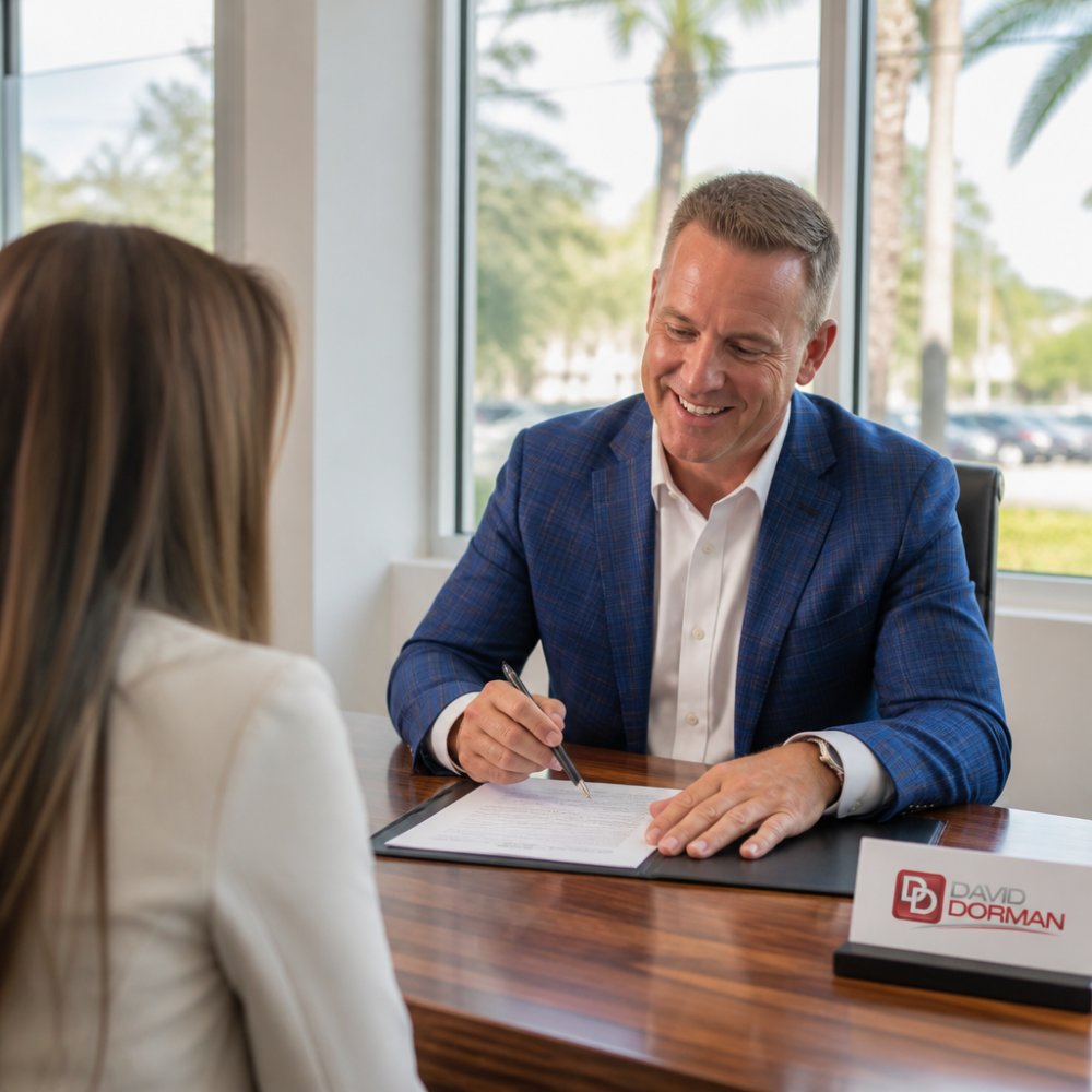 A professional real estate broker in business attire reviewing a listing contract at a polished desk with a client seated across from them, afternoon light coming through large office windows