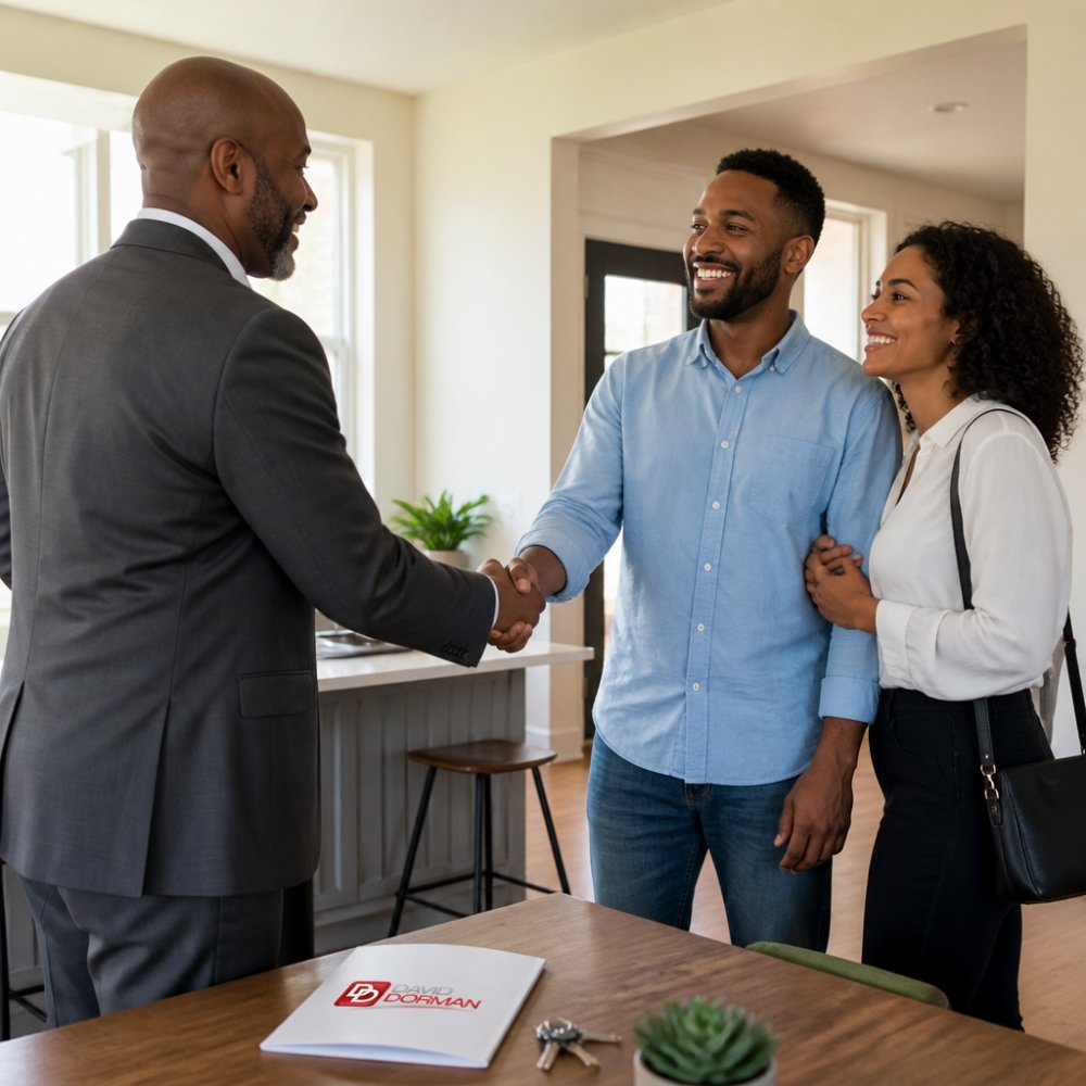 A couple shaking hands with a smiling real estate professional inside a well-lit residential home with warm natural light, both parties looking pleased with the agreement