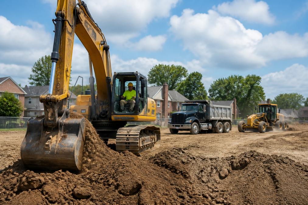 An excavator operator in a hard hat and safety vest maneuvering a track hoe on a cleared residential lot, with a dump truck and grader visible in the background on a sunny day in a suburban Detroit neighborhood