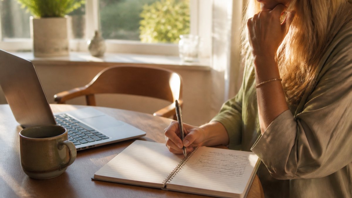 Woman sitting at a desk thoughtfully reviewing online PMDD program pricing options on her laptop