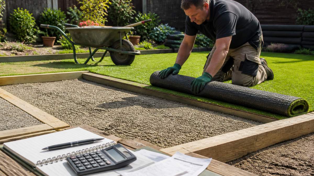 Landscaper unrolling artificial turf over an aggregate base to reduce the cost of installing artificial grass in the UK