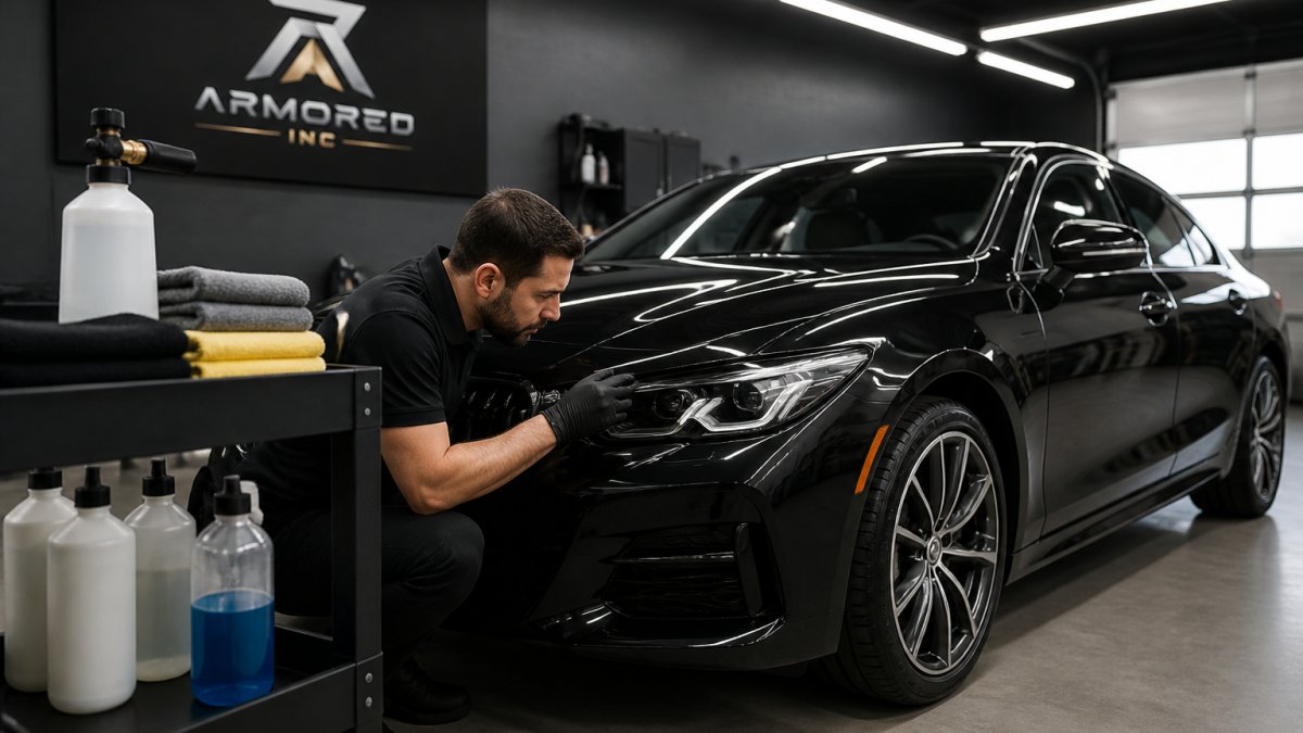 A detailer in nitrile gloves inspecting the paint of a dark luxury sedan inside a clean detailing bay, foam cannon and microfiber towels visible on a cart nearby, overhead LED lighting