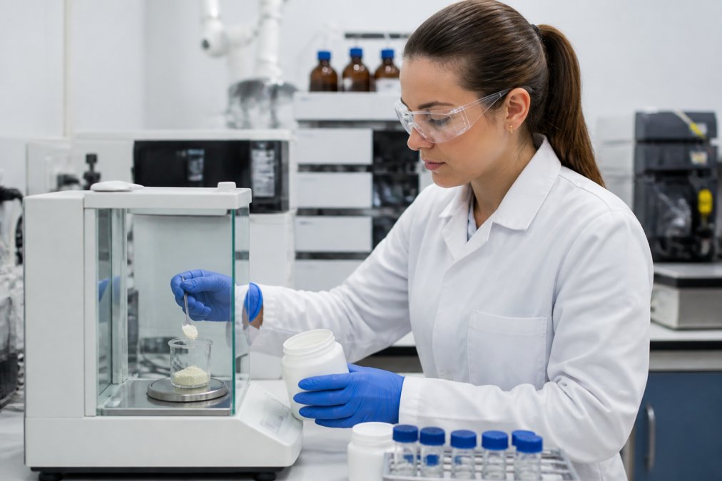 Laboratory technician carefully measuring supplement powder samples into analytical testing equipment in a modern facility with precision scales and chromatography instruments visible in background
