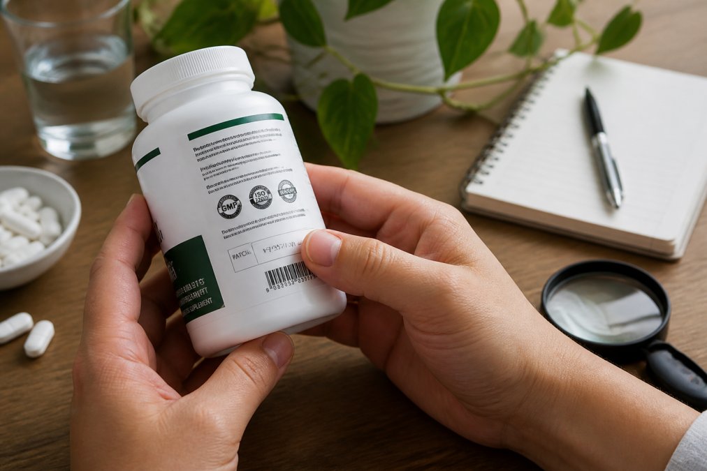 Close-up of hands holding a supplement bottle, examining the batch number printed on the label under natural daylight, with certification logos visible on the packaging
