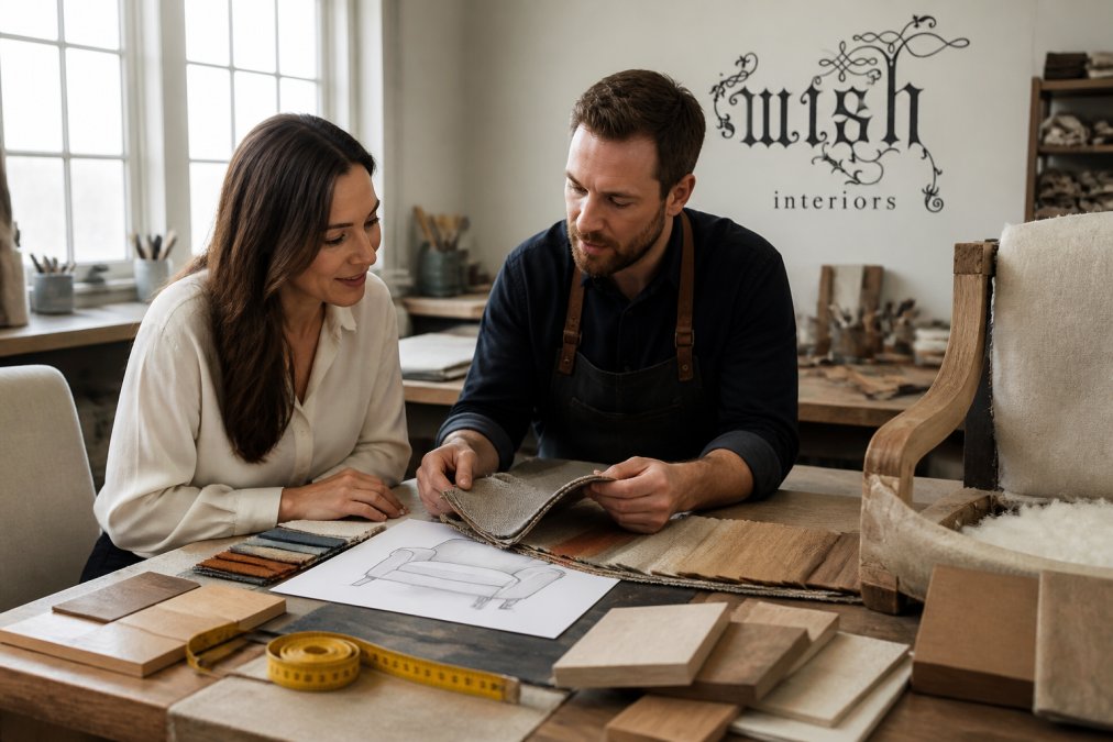Craftsperson and client reviewing fabric swatches and furniture sketches during the bespoke design process
