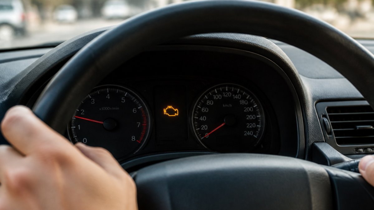 Close-up of a car dashboard with the amber check engine light illuminated, driver's hands visible on the steering wheel, daylight through the windshield
