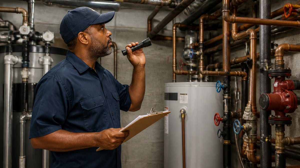 Plumber inspecting complex commercial pipes during a plumbing maintenance contract visit
