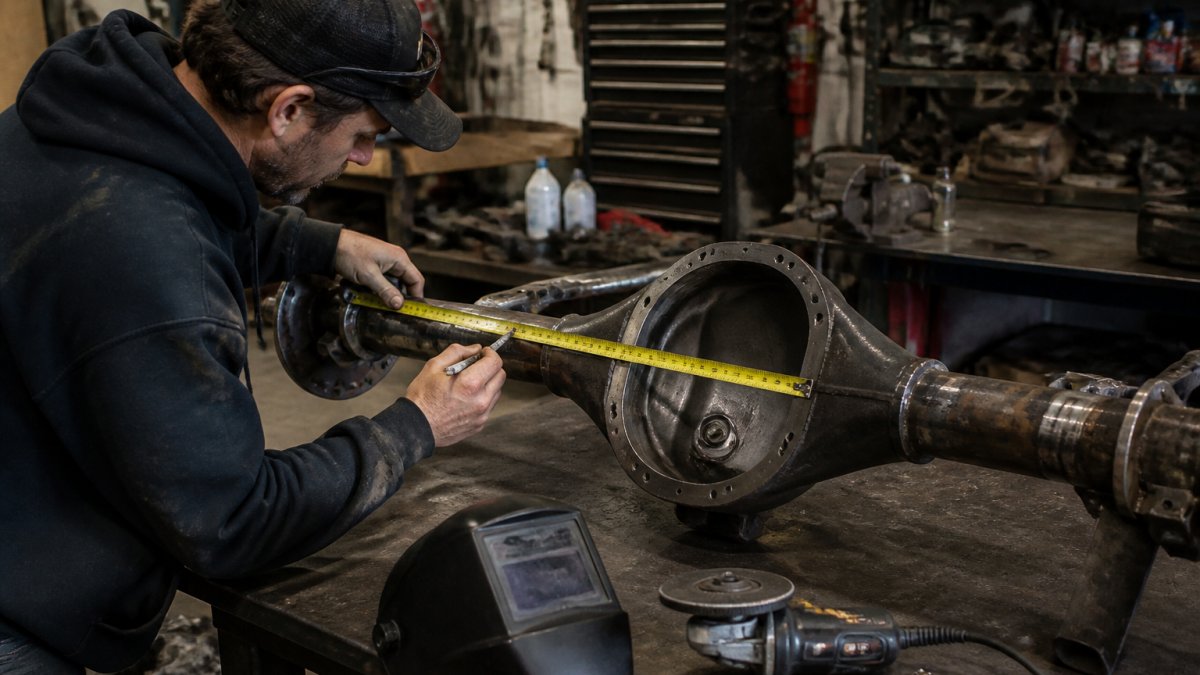 A fabricator in a home garage measuring a bare Toyota axle housing with a tape measure and marking cut lines, welding helmet and grinder on the bench nearby