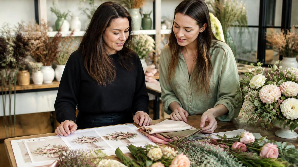 Florist and client reviewing a custom floral design brief with fabric and flower samples at a workspace