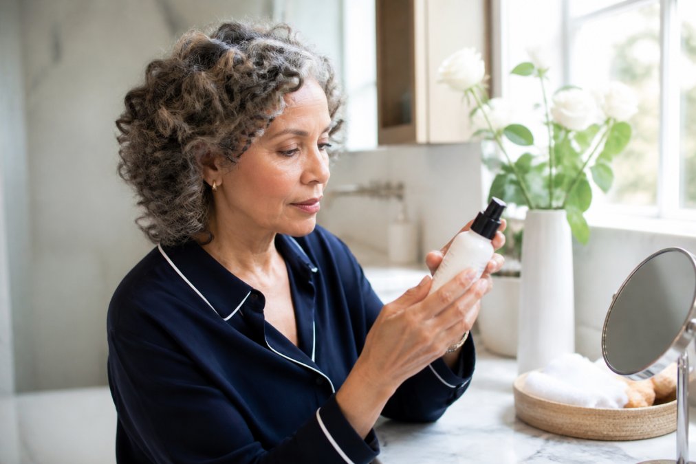 Hands holding a bottle of skincare product while carefully reading the ingredient label in natural light