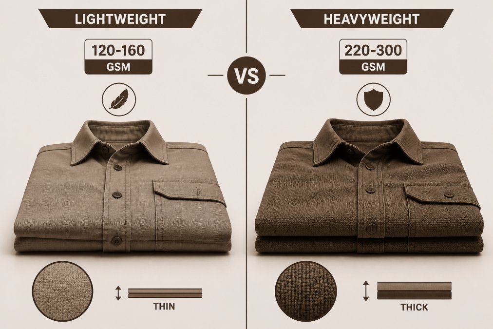 Two folded work shirts displayed side by side on a neutral surface, showing visible difference in fabric thickness and texture between a lighter, thinner garment and a heavier, denser garment with deeper fabric drape