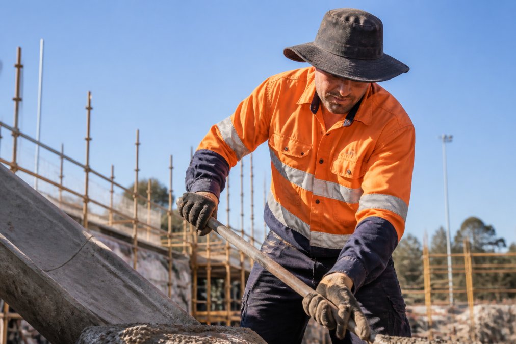 Construction worker wearing high-visibility orange and navy work shirt with reflective tape, actively working at a building site in bright daylight, demonstrating durable workwear in demanding conditions