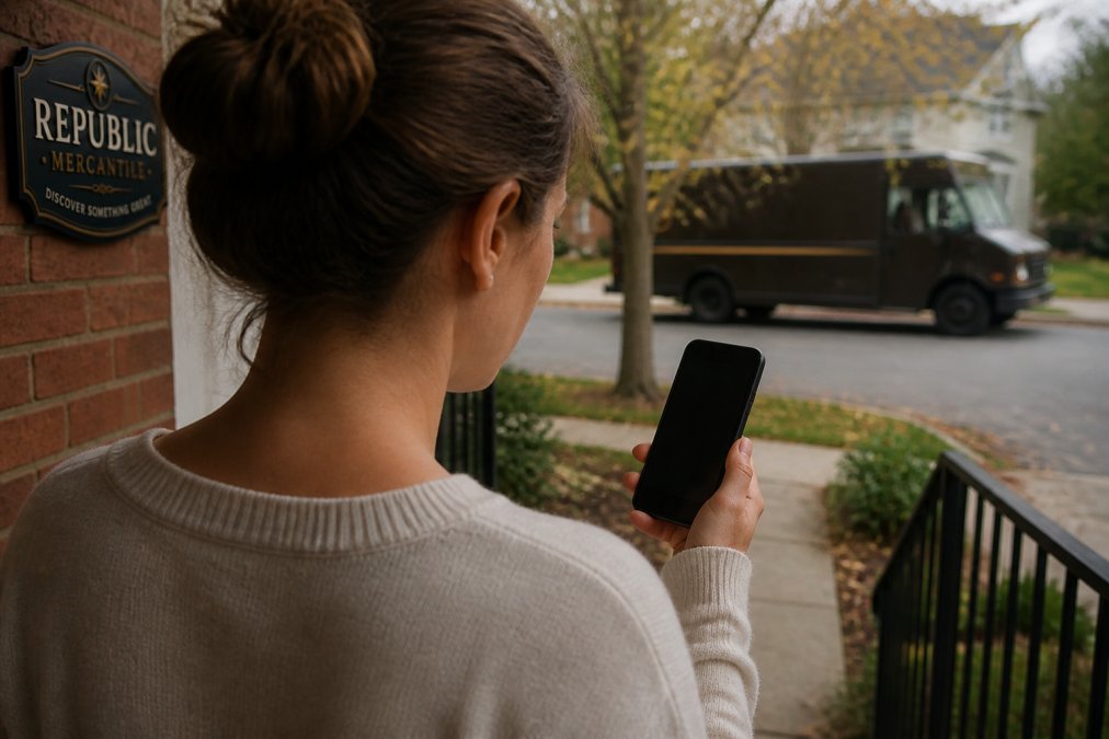 Customer checking delivery tracking on a smartphone as a courier truck drives by in the distance