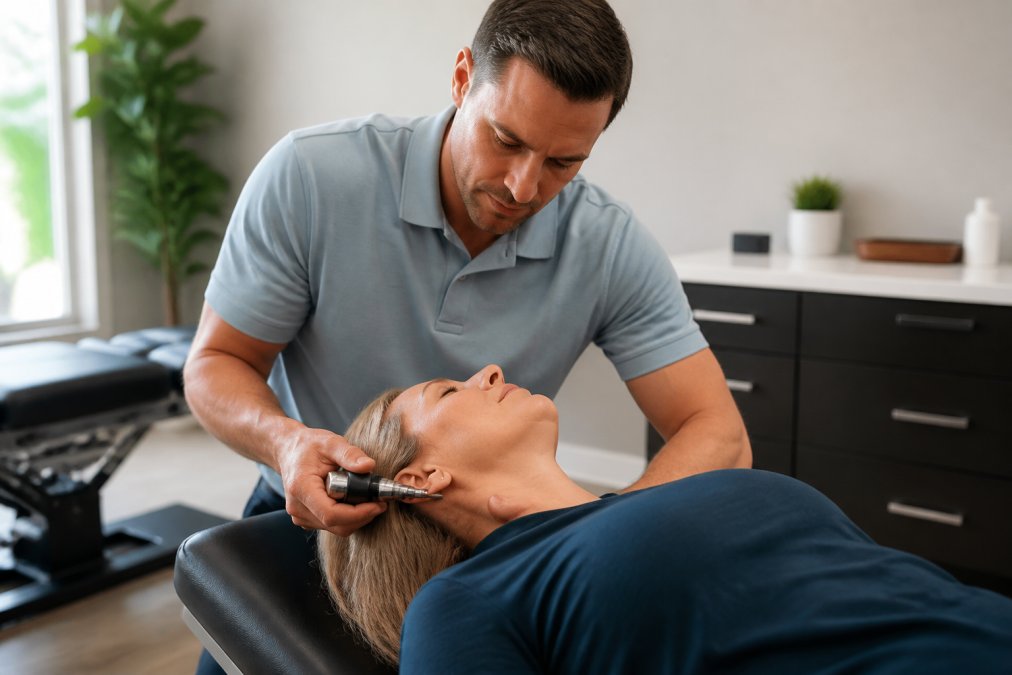 A chiropractor using a handheld instrument to gently adjust the neck of a relaxed middle-aged female patient lying face-up on a treatment table in a bright, modern clinic