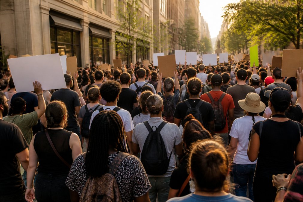 A diverse crowd of marchers on a city street holding signs and walking together in peaceful protest, shot from behind to avoid identifiable faces, golden afternoon light