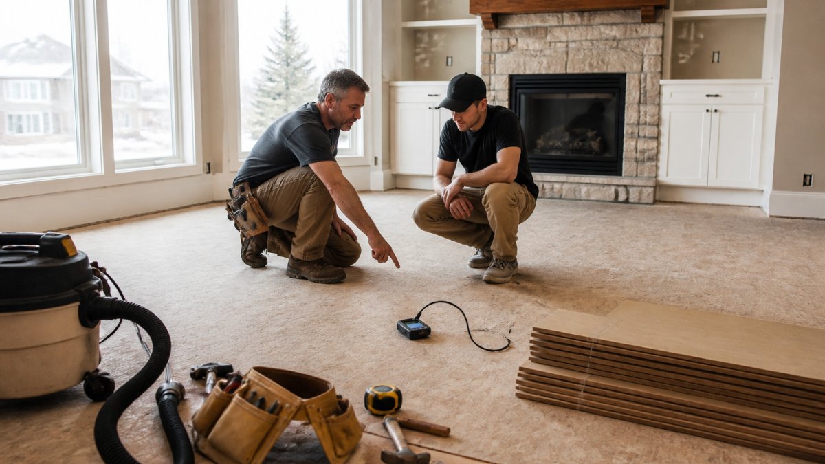 Homeowner and installer checking a subfloor with a moisture meter during hardwood floor installation