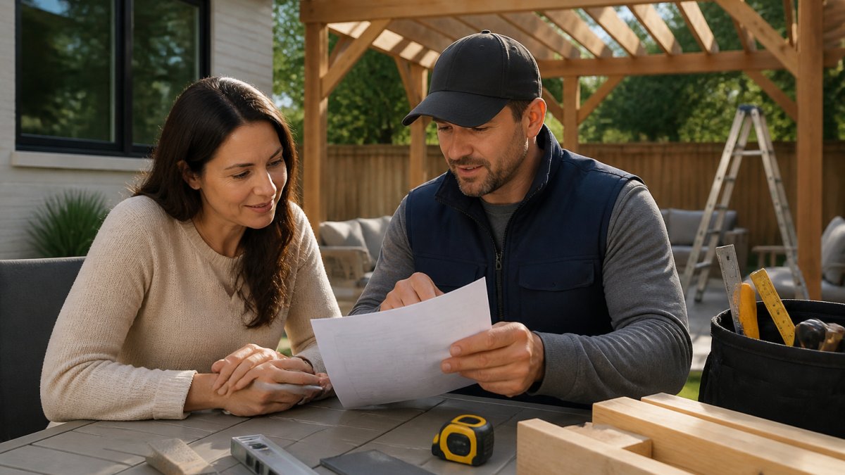 A homeowner and a contractor reviewing a printed estimate on a backyard patio table, with a wooden pergola frame partially visible in the background