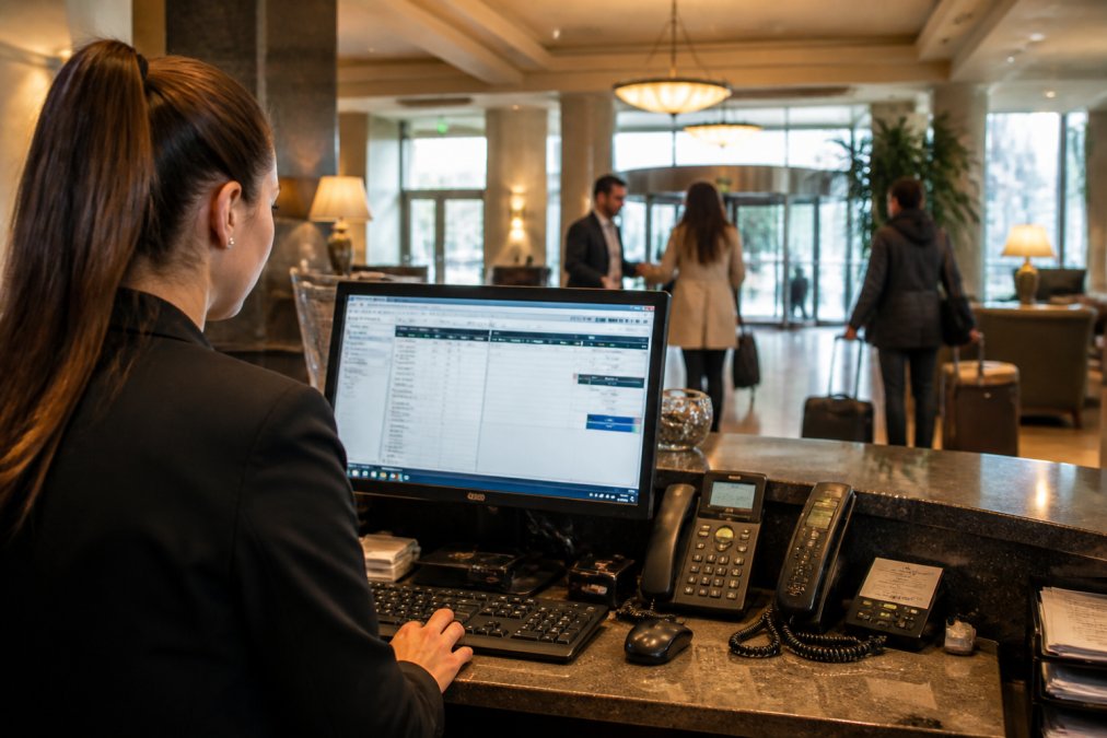 Hotel front desk staff member working at a computer terminal with a property management system interface visible on screen, modern hotel lobby with guests checking in visible in the background, warm overhead lighting