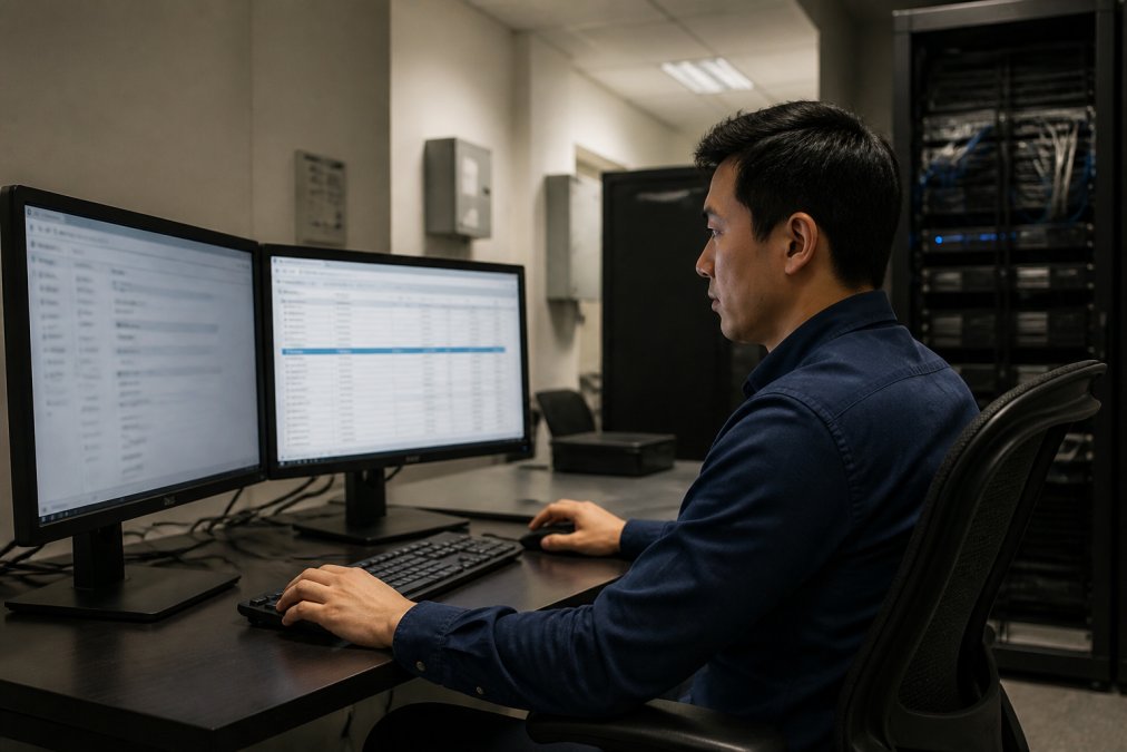 IT professional in a hotel back office reviewing security protocols on dual monitors, server rack visible in the background, focused expression under cool fluorescent lighting