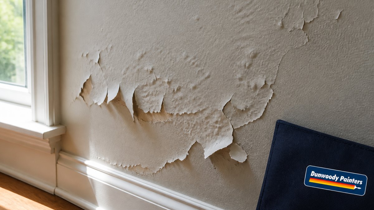 Close-up of interior wall showing peeling paint and blistering with visible separation from drywall surface, natural daylight from window highlighting the damage