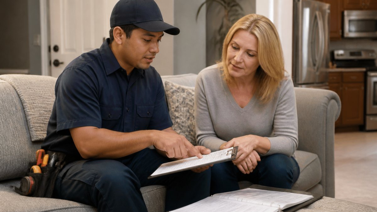Licensed HVAC technician reviewing service records and warranty documentation with a homeowner in a residential living room, pointing to maintenance logs on a clipboard