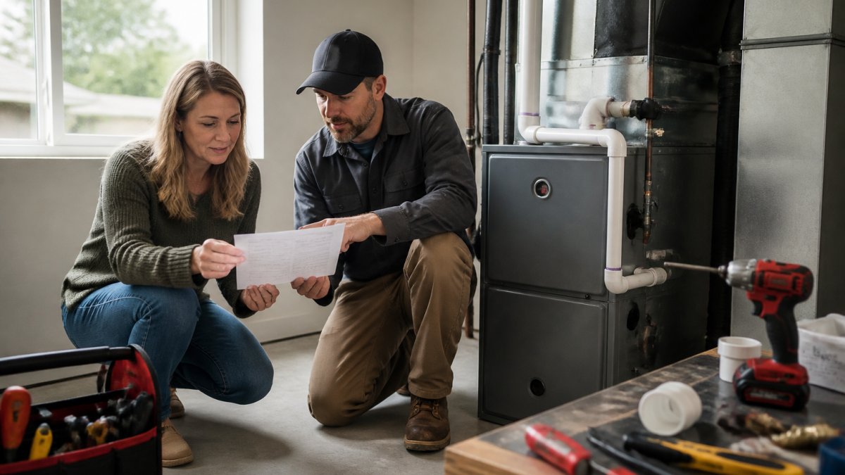 A homeowner and an HVAC technician reviewing a workmanship warranty document together next to a newly installed furnace in a clean utility room, natural daylight from a nearby window