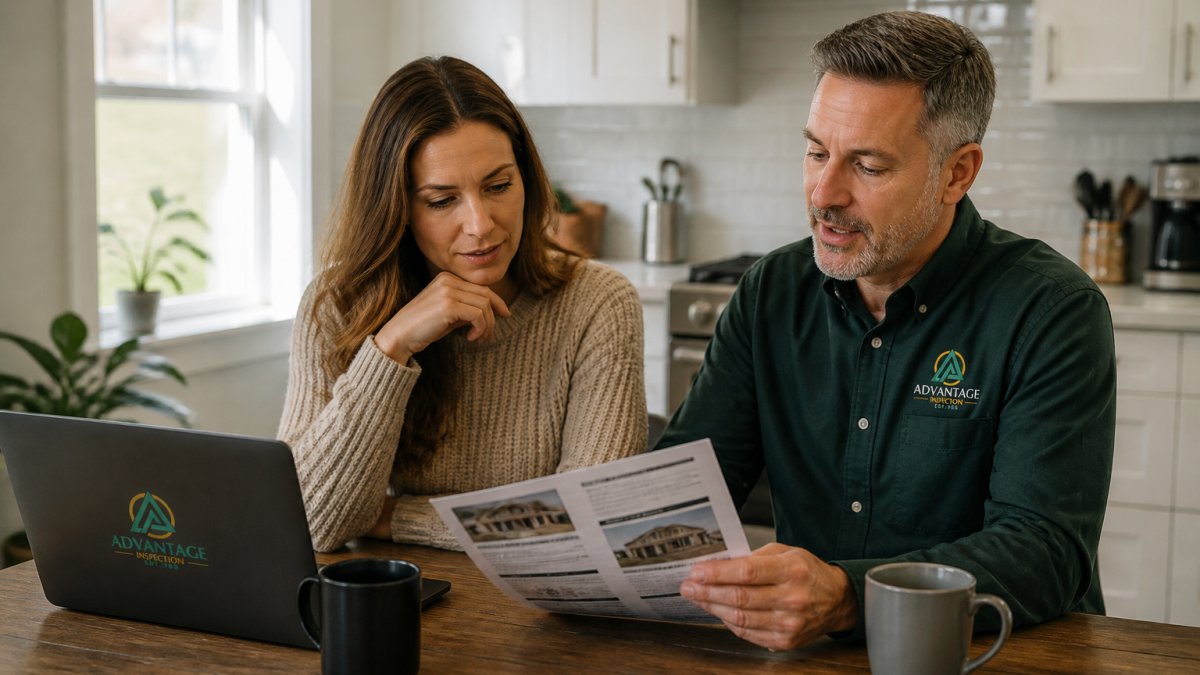 A homeowner and an inspector reviewing a printed inspection report together at a kitchen table, with a laptop and coffee mugs nearby, in a bright home setting