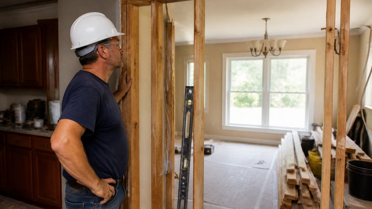 Contractor inspects an exposed structural wall during a renovation to expand kitchen space safely.
