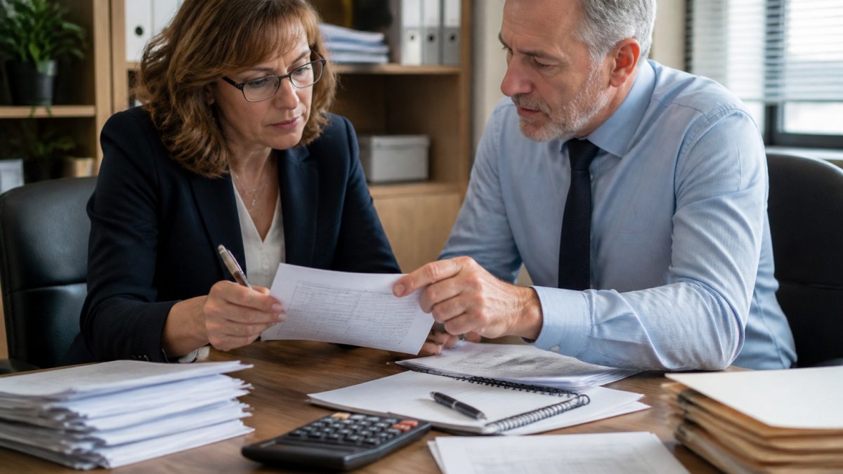 Business owner reviewing financial documents with an appraiser to determine the cost to hire a business appraiser
