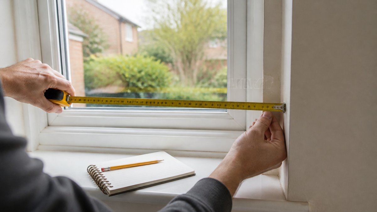 A close-up of a person's hands holding a tape measure against a window frame, with a notepad and pencil resting on the sill, in a bright home setting