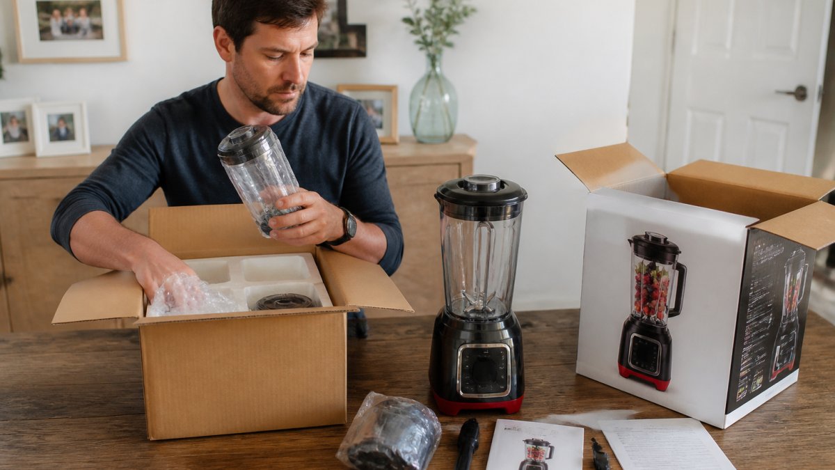 A person at a table carefully opening a cardboard box containing a small kitchen appliance, checking the item and its accessories against a printed list, with the original packaging and manual laid out beside it