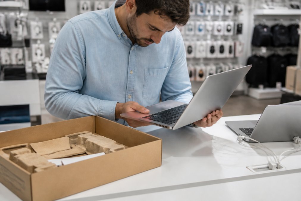 A shopper inspecting a laptop in open box condition, checking the screen and ports at a retail store counter.