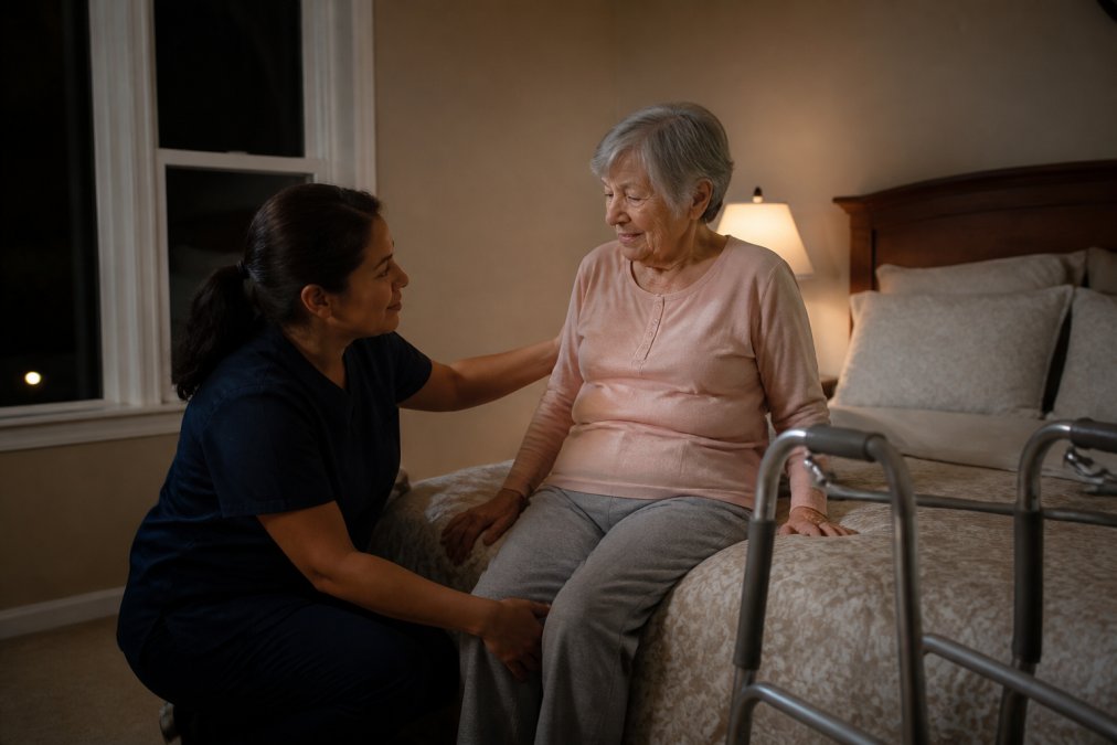 Caregiver providing gentle overnight home care assistance to a senior woman sitting on her bedroom bed