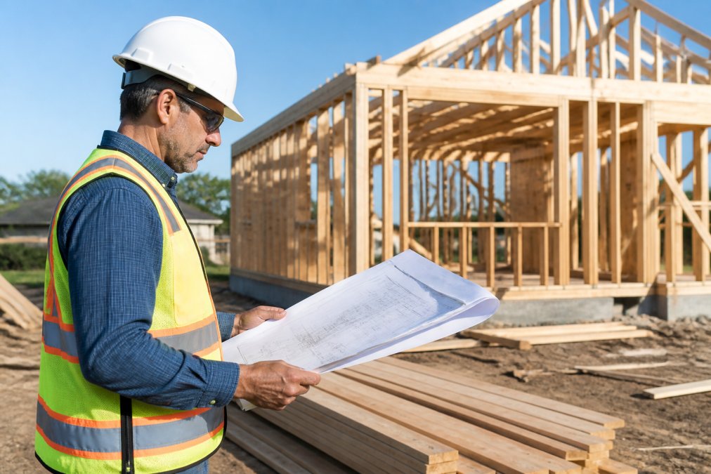A structural engineer in a hard hat reviewing a set of blueprints at a residential construction site, house frame visible in the background under bright daylight